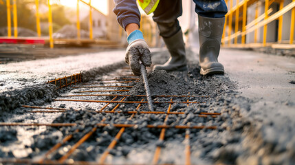 Laborer working on concrete platform at construction site, worker with safety helmet and reflective vest is pouring concrete to lay the surface of the road for a new building project