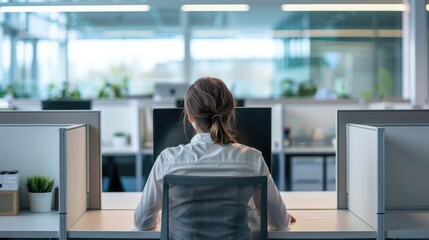 Obraz premium Person sitting in a modern office cubicle, with their attention fixed on the monitor