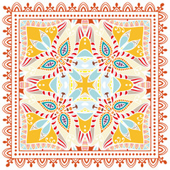 Decorative doodle ornament, symmetric pattern with lace frame. Tribal ethnic mandala decor. Bandana shawl, hijab, tablecloth fabric print, silk neck scarf, kerchief design. Colorful vector background