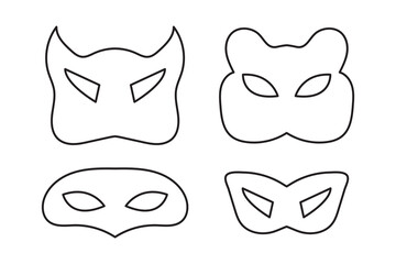 Mask superhero carnival or scammer villain vector line art icon set. Black outline masquerade costume eye mask silhouette hidden burgar face. Incognito theatre party masque shape clip art illustration