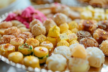 A mouthwatering close-up of a plate filled with an assortment of traditional Indian sweets and confections, including laddoos and jalebis, beautifully prepared for the joyous celebration of Diwali.