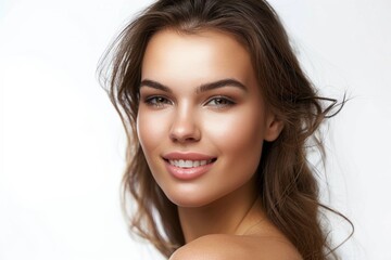 Naklejka premium Smile brunette woman on a white background. Feminine beauty