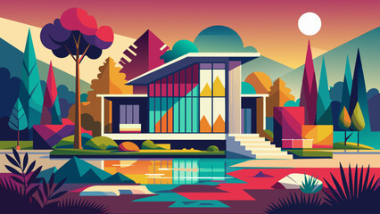 A modern house with large windows stands against a backdrop of stylized mountains and trees under the setting sun. The scene vividly reflects the building and its surroundings.AI generated.