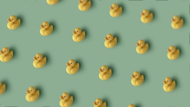 Get inspired by a minimalist 3D render of a cartoon yellow duck from a top corner view, isolated in a solid color background. Explore the world of animation and pattern with this unique artwork.