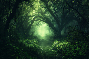 Obraz premium fantasy background,Dark forest with a path, fantasy landscape depicting a dark mood, 