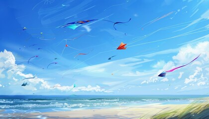 Dancing Rainbow Kite: A Vibrant Display above the Azure Beach Sky