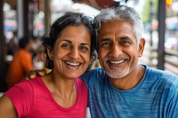 Obraz premium Portrait of a glad indian couple in their 50s wearing a moisture-wicking running shirt while standing against bustling city cafe