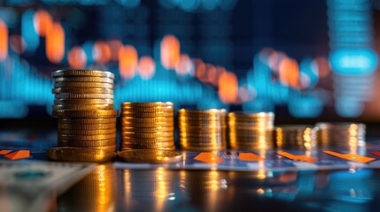 Shiny coins stacked neatly with a financial graph overlay, representing successful growth and investment strategies