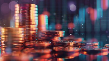 Shiny coins stacked neatly with a financial graph overlay, representing successful growth and investment strategies
