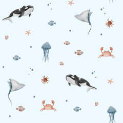 Sea animals seamless patterns, watercolor whales, corals, sea shells