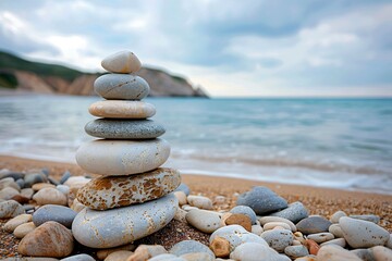 Fototapeta premium Stacked rocks by beach; ocean nearby