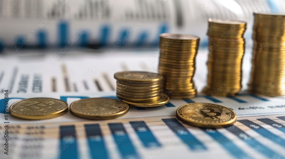 Poster stacks of coins increasing in height with a financial newspaper backdrop, representing informed inve