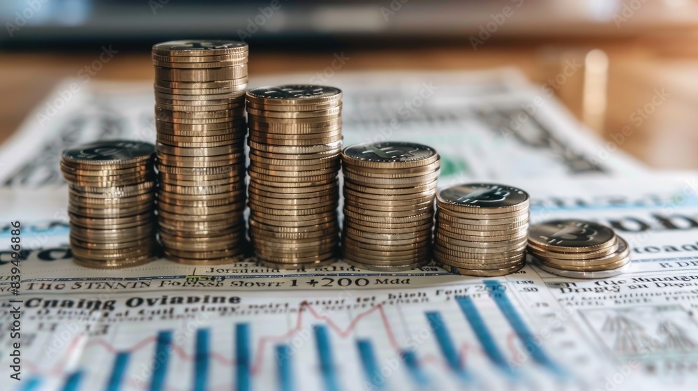 Poster stacks of coins increasing in height with a financial newspaper backdrop, representing informed inve