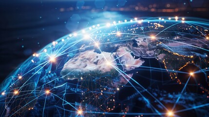 Obraz premium Digital world globe centered on Africa, concept of global network and connectivity on Earth, data transfer and cyber technology, information exchange and international telecommunication
