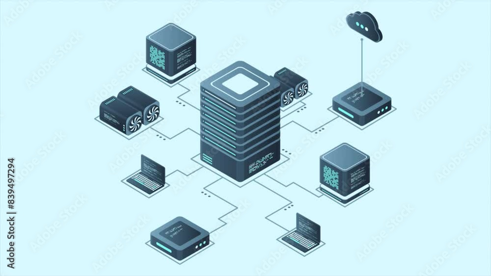 Poster Isometric computer technology animation. Computation of big data center. Cloud computing. Online devices upload and download information. 4K video animated in isometric style