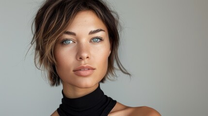 Fototapeta premium Young brunette on a gray background. Feminine beauty.