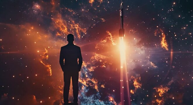 A creative double exposure photo combining the silhouette of a missile launch with a business engineer working on AI technology
