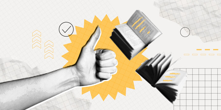Trendy Halftone Collage Hand showing Thumbs up and floating books. Study and education concept. New course or webinar. Human desire for knowledge. Smart thinking. Contemporary vector art illustration