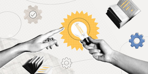 Trendy Halftone Collage Woman Hand holds Light bulb. Study and education concept. New ideas and solutions in business. Creative mind or brainstorm. Contemporary vector illustration art