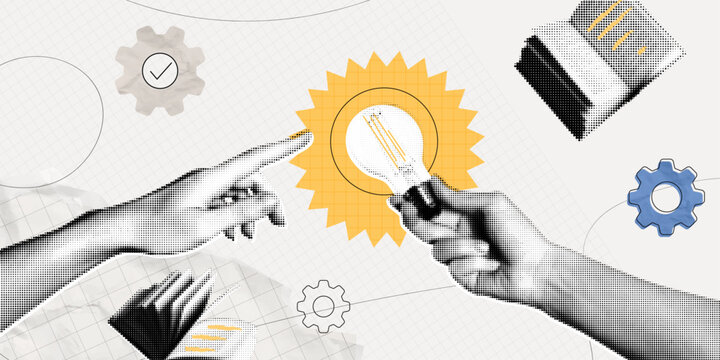 Trendy Halftone Collage Woman Hand holds Light bulb. Study and education concept. New ideas and solutions in business. Creative mind or brainstorm. Contemporary vector illustration art
