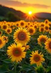 Fototapeta premium Vibrant sunflowers in a field, representing summer and happiness.