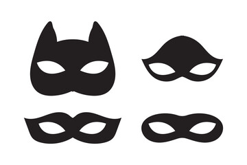 Mask superhero carnival villain or burglar vector icon set. Collection of Black outline flat masquerade costume eye mask silhouette hidden face. Incognito theatre party masque shape clip art. 