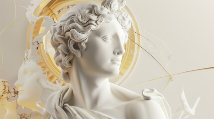 Surreal 3D illustration of a marble ancient Greek statue with a halo behind in white and gold color. Contemporary art in digital format