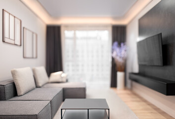 The photograph, with a soft focus, highlights a cozy and elegant living space, emphasizing the minimalist decor and comfortable seating.