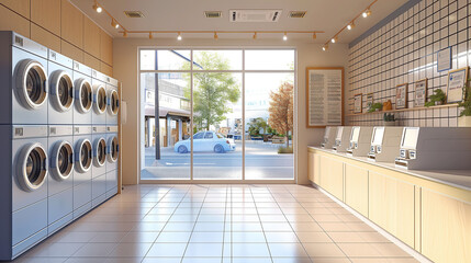 Modern laundry shop interior with counter and washing machines