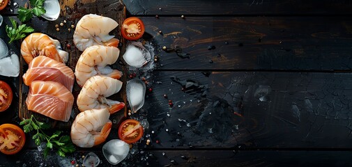 Fresh raw shrimp and salmon fillets with ice cubes, tomatoes, and herbs on a rustic dark wooden surface. Seafood preparation background.