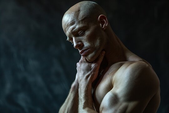 Bald shirtless man standing