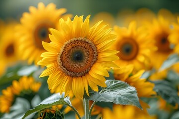 Fototapeta premium Vibrant sunflowers in a field, representing summer and happiness.