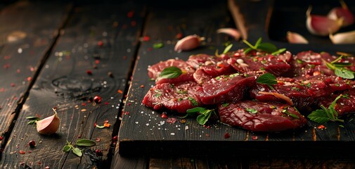 Raw marinated steak slices with herbs and spices on a dark cutting board, ready for cooking in a rustic kitchen setting.