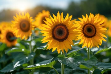 Obraz premium Vibrant sunflowers in a field, representing summer and happiness.