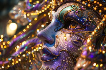 Capture the essence of Mardi Gras with this close-up view of a dazzling parade float adorned with intricate decorations and vibrant motifs.