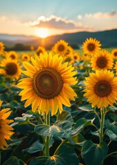 Obraz premium Vibrant sunflowers in a field, representing summer and happiness.