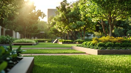 Fototapeta premium Serene Garden with Sunlight and Trees
