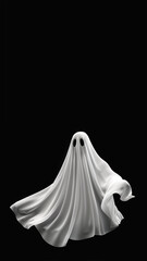 White ghost on black background, copy space, aspect ratio 9:16