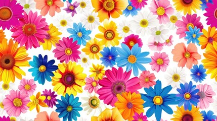 Vibrant seamless flower pattern with a mix of colorful blooms on a white background
