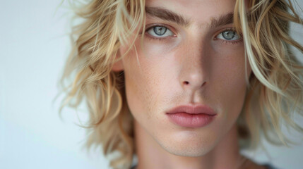 Naklejka premium Close-up portrait of a young man with freckles and blonde hair. Intense gaze and natural beauty