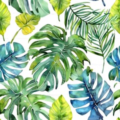 Watercolor tropical seamless pattern, botanical leaves