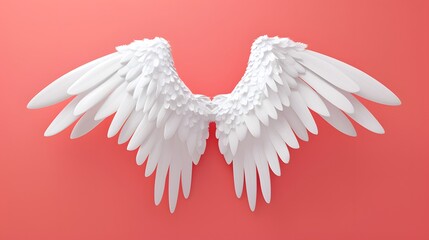 Fototapeta premium Angel wings isolated on the red background, fantasy feather wings for fashion design, cosplay and dress up party.