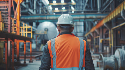 A man in a safety vest walks through a large industrial building