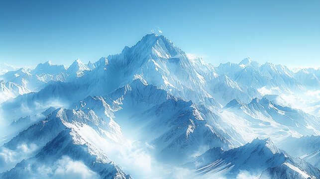 Serene Double Exposure: Majestic 4K Snowy Mountains and Climber Silhouette against Clear Sky, Copy Space for Text, Crisp Whites Close Up