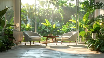 Fototapeta premium Modern Living Room With Large Windows And Indoor Plants
