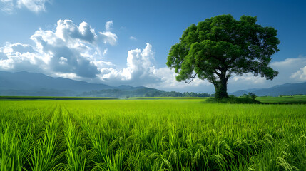 Expansive Green Rice Field Under a Vibrant Sky with Clouds