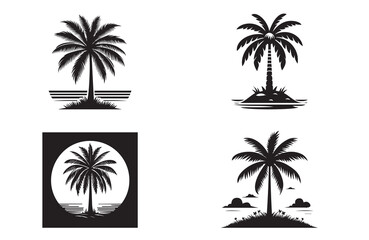 Obraz premium Silhouettes of palm and coconut trees and sun vector Illustration for Summer