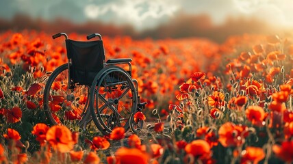 Empty wheelchair in a blooming poppy field