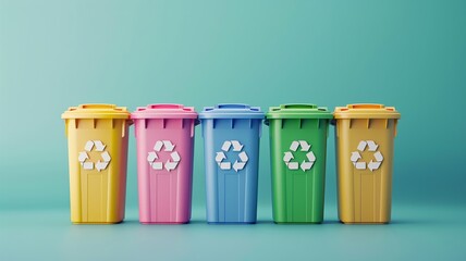 Colorful recycling bins against a green background