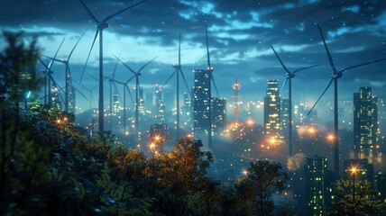 Wind turbines and city lights at night